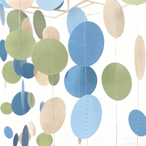 Dusty Blue and Sage Green Beige Polka Dot Garland Olive Green Dusty Blue Cream Nude Hanging Paper Circle Dots Streamer for Birthday Wedding Shower Silly Goose Theme Party Decorations Supplies