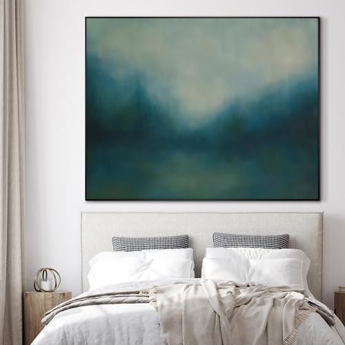 60"x72" Extra Large Framed Wall Art Misty Blue Landscape Abstract Ocean and Sky Illustration for Home Living Room Bedroom Decor