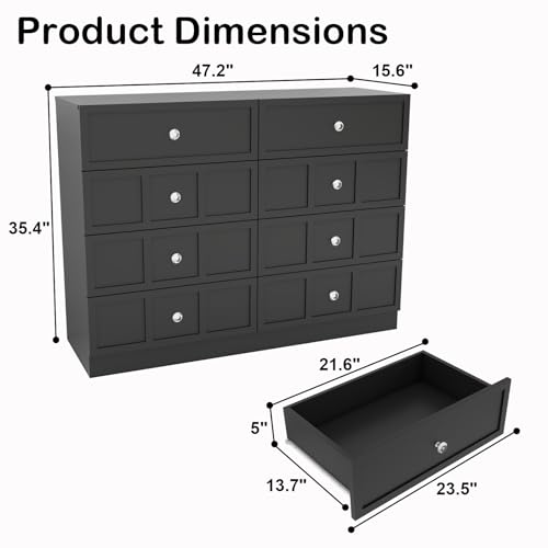Black Wood Dresser for Bedroom 8 Drawer