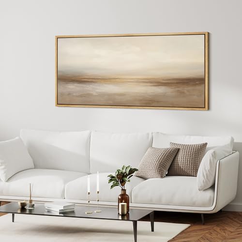 Extra Larg Framed Canvas Print Wall Art Neutral Beige Horizon Abstract Modern Minimalist Landscape Illustrations Decorative Colorful for Bedroom