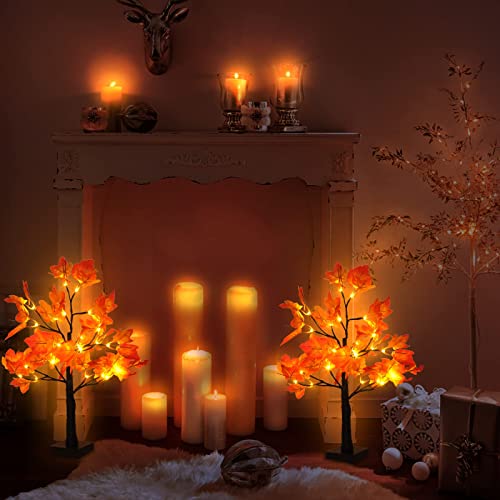 4Pcs 2FT Lighted Maple Tree 96LED Artificial Fall Tree Decor for Thanksgiving Harvest Home Decoration (4 Count)