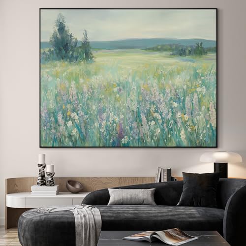 46"x60" Extra Large Framed Wall Art Wildflower Meadow Landscape Soft Pastel Nature Illustration for Home Living Room Bedroom Decor