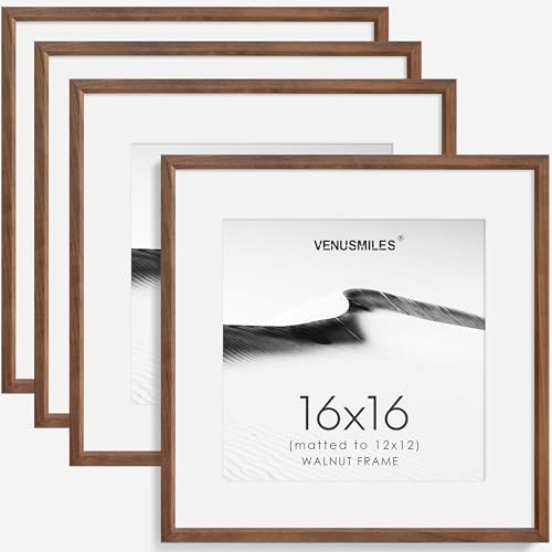 16x16 Picture Frame Set of 4 Natural Solid Walnut Photo Frames with 12x12 Removable Mat Wall Hanging Large Handcrafted Frame with HD Plexiglass Wall and Tabletop Display Large Poster Frame (4 Count)
