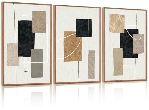 KAlRNE Neutral Abstract Wall Art Beige Block Lines Prints Set (3 Count)
