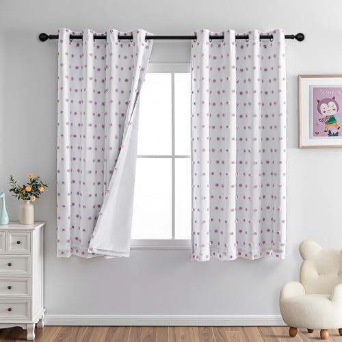 100% Blackout Curtains for Girls Bedroom 63 Inch Long Purple Pom Pom Curtains for Kids Room 2 Panels Room Darkening Window Treatment 2 Layered Drapes Toddler Grommet 50W x 63L (2 Count)