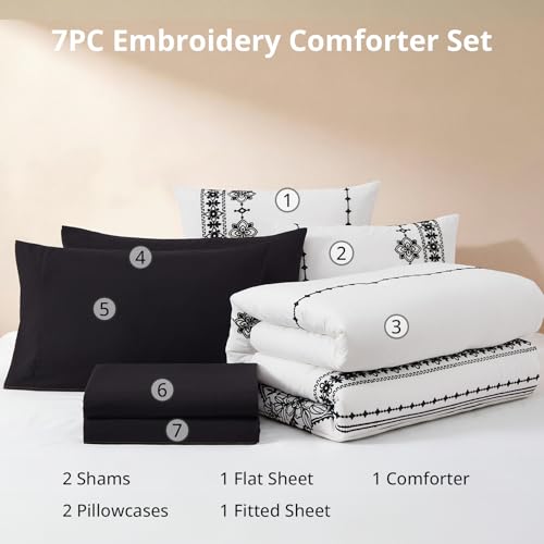 King Size Comforter Set Embroidery Floral 7 Pieces Bed in a Bag