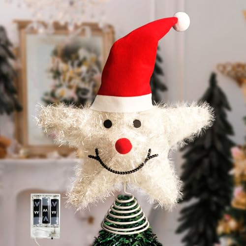 Christmas Tree Topper Star Snowman with Warm White 20 LED Lights