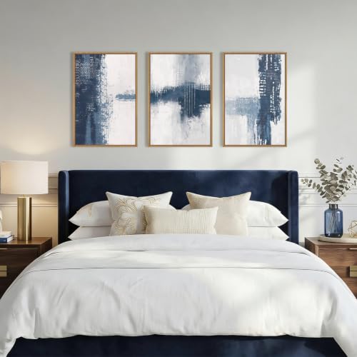 Abstract Navy Blue Grey Framed Canvas Wall Art Set