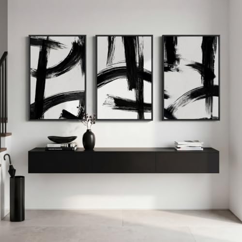 Large Framed Black and White Modern Abstract Wall Art Set (3 Count)