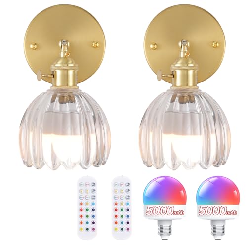 Vintage Battery Operated Wall Sconce with Clear Tulip Glass Lampshade 5000 mAh Rechargeable Battery Powered Wall Light with Remote Control for Bedside Bedroom Doorway (2 Count)