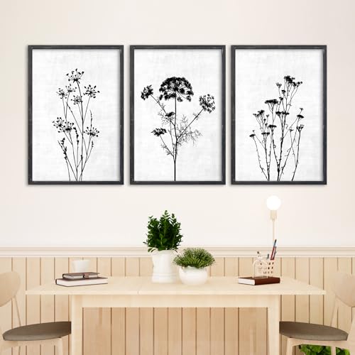 Flower Plant Wall Art Decor 24"x16" Set of 3 Black And White (3 Count)