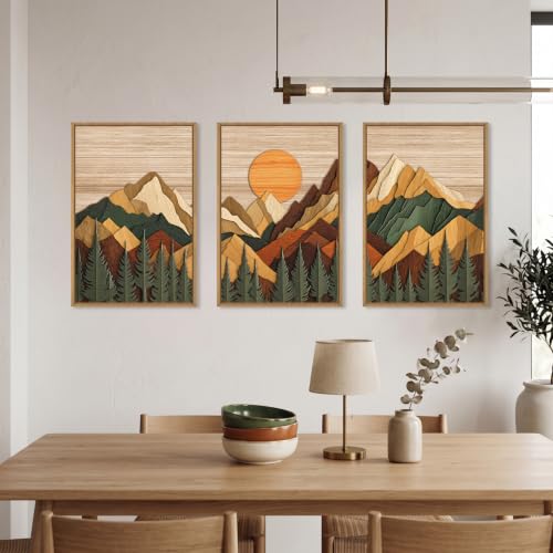 Boho Woodcut Style Mountain Framed Canvas Wall Art Set