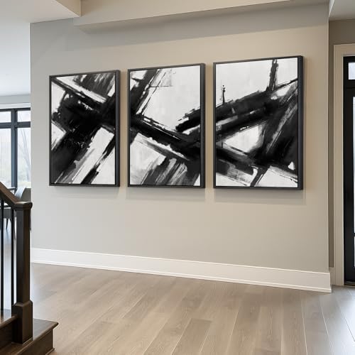 Large Framed Black and White Abstract Canvas Wall Art for Living Room (3 Count)