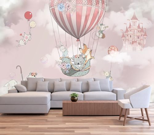 Animal Castle hot air Balloon Pink Wallpaper