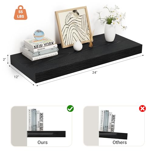 24 x 12 Deep Floating Shelves Wall Mounted Set of 1 Black