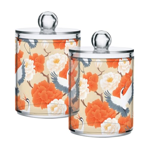 2 Pack Qtip Holder Organizer Dispenser Cranes Orange Flowers Bathroom Storage Canister Cotton Ball Holder Container for Cotton Pads (2 Count)