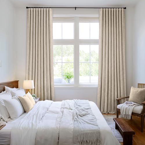 Beige 100% Blackout Linen Curtains 90 Inch 2 Panels Set Double Sided No Coating Pleated Back Tab Black Out Long Thermal Insulated Pinch Pleat Bedroom Living Room Darkening Window Drapes (2 Count)