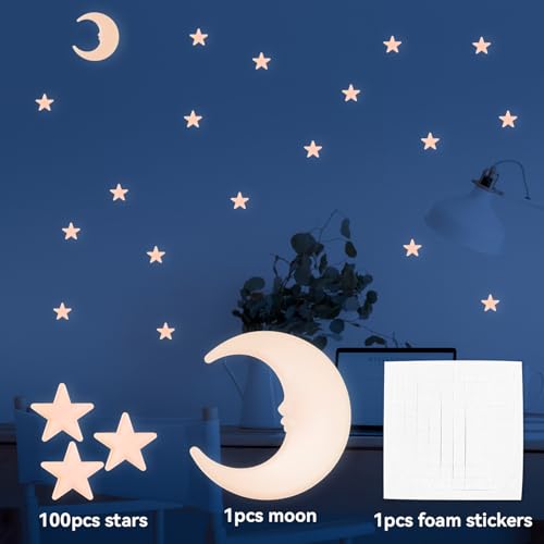 100 Stars and 1 Moon Glow in The Dark Luminous Fluorescent 3D Plastic Glow Stars Moon for Ceiling (101 Count)
