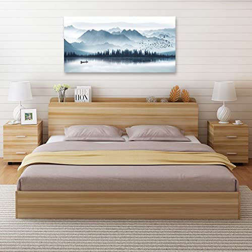 Indigo Canvas Wall Art Misty Mountain Wall Pictures Foggy Lake Boat Painting Print Blue Forest Birds Artwork Wall Decor for Living Room Wall Decorations Framed Ready to Hang 29" x 58"