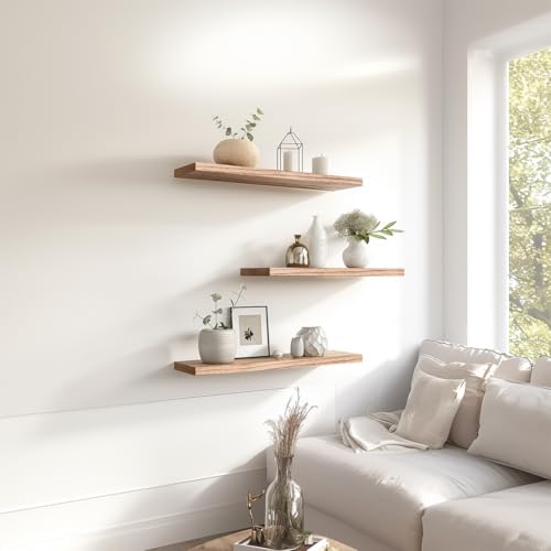 Light Wood Floating Shelves for Wall Rustic Wall Shelves for Bedroom Set of 6 (6 Count)
