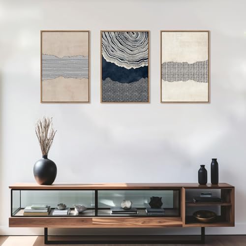 Large Abstract Navy Blue Beige Framed Canvas Wall Art (3 Count)