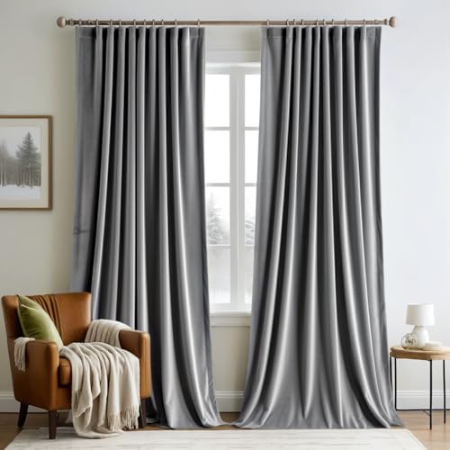 Grey Velvet Pinch Pleat Blackout Curtains W52 X L84 Inches (2 Count)