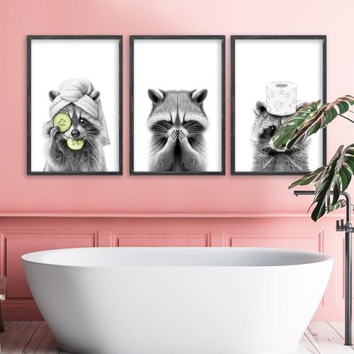 Raccoon Bathroom Wall Art Decor Set of 3 16x11 Inch Black