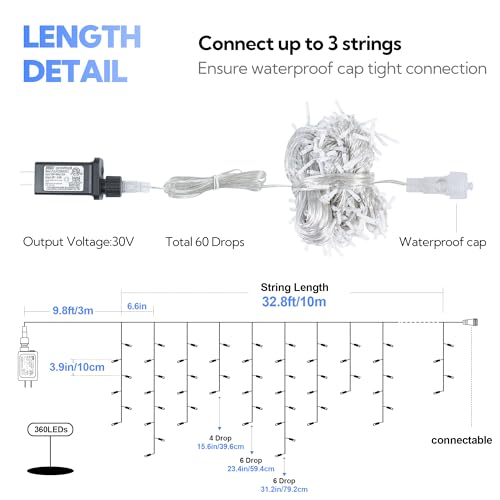 33FT 360 LED Blue White Christmas Icicle Lights