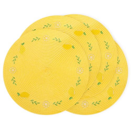 4Pcs Lemon Embroidered Placemats Round Place Mats Summer Lemon Greenery Leaves Dinner Table Mats for Home Wedding Baby Shower Birthday Party Decor (4 Count)
