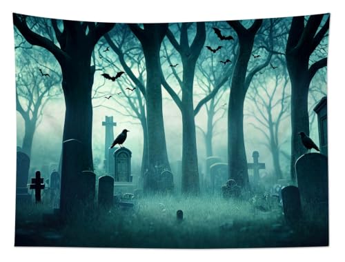 Halloween Forest Tapestry Spooky Cemetery Bat Wall Decor 60Wx40L Inch