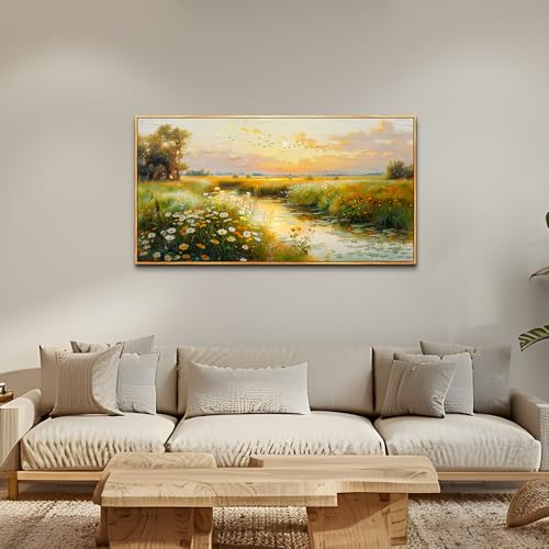Wood Framed Canvas Wall Art For Living Room Wall Decor For Bedroom Office Wall Decoration Pastoral Scenery Painting Water edge Pictures Artwork Room Aesthetic Home Decor 20x40 In