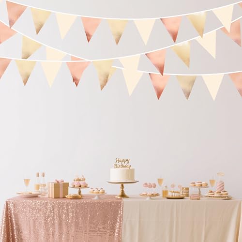 Rose Gold Champagne Gold Beige Party Decorations Metallic Fabric Triangle Flag Pennant Banner Garland Bunting for Engagement Bridal Shower Wedding Birthday Baby Shower Graduation Decoration Supplies (32 Foot)