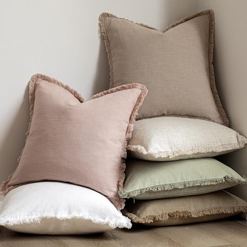 Decorative Linen Fringe Throw Pillow Covers 18×18 Light Pink (2 Count)