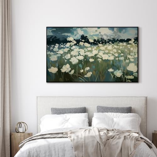 30"x60" Extra Large Framed Wall Art White Wildflower Field in Impressionist Style