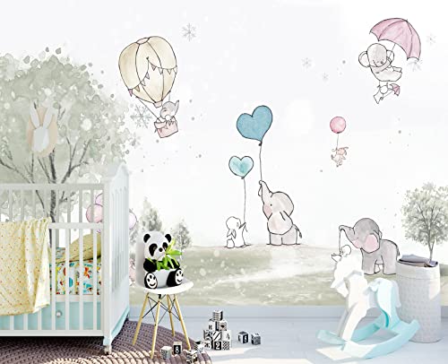 Cartoon Elephant Rabbit Balloon Nursery wall Mural Wallpaper 137" x 100" (95.12 Sq Ft)