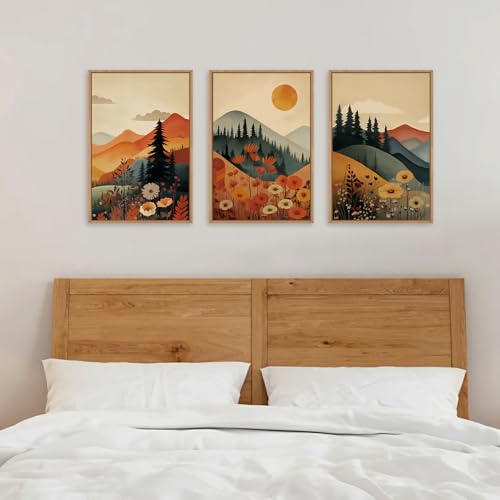 Large Boho Mountain Sunset Framed Canvas Wall Art Set