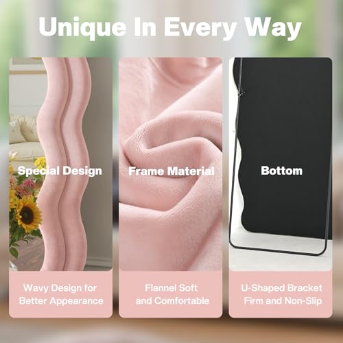 Full Length Mirror 71"x30" Irregular Wavy Full Body Wall Mounted Floor Mirror with Stand Pink Flannel Frame Leaning Hanging Wall for Bedroom Entrance Hallway