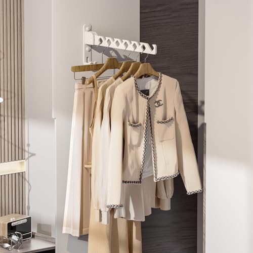 Wall Mount Coat Hanger Holder White Clothes Drying Organizer Rack Garment Hooks Aluminium Retractable Folding Indoor Wall Mounted Hanger Space Saver for Laundry Room Bedroom White 2 Pack with 8 Hooks (2 Count)
