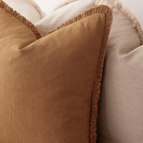 Decorative Linen Fringe Lumbar Throw Pillow Covers 12×20 Orange (2 Count)