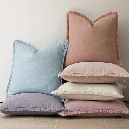 Decorative Linen Fringe Throw Pillow Covers 18×18 Coral Pink (2 Count)