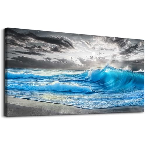 Blue Sea Wave Ocean Painting Wall Art For Living Room 24x48 In