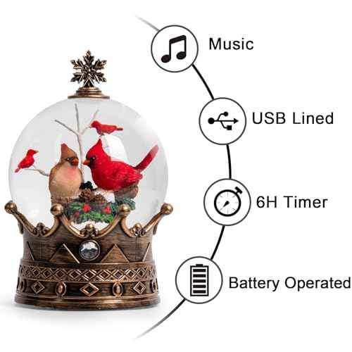 Christmas Snow Globe Lantern Water Glittering Cardinal Crown with Music