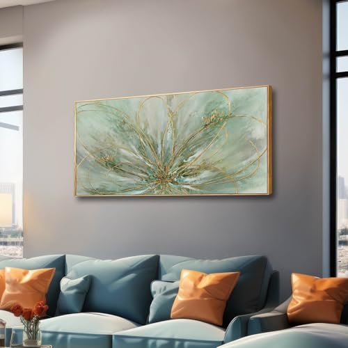 Green Abstract Canvas Artwork Flowers Wall Decor for Office Line Art Painting 24"x 48" Pictures for Bedroom Dining Room Neutral Wall Art