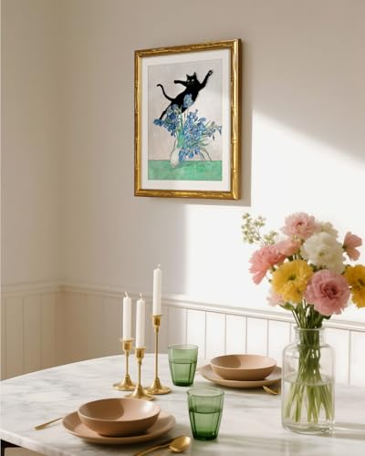 Gold Bamboo Framed Cat Wall Art Naughty Cat Painting 11x14 Inch