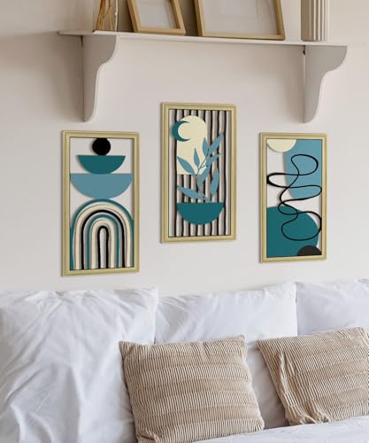 Boho Wall Art Set of 3 Modern Minimalist Wooden Wall Decor Abstract Geometric Room Decorations Mid Century Artwork for Living Room Bedroom Office in Blue Tones 16.5 x 8.6 Inch (3 Count)