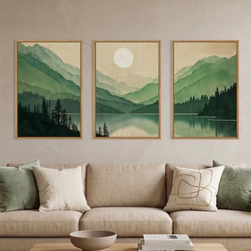 Green Boho Mountain Lake Framed Canvas Wall Art Set