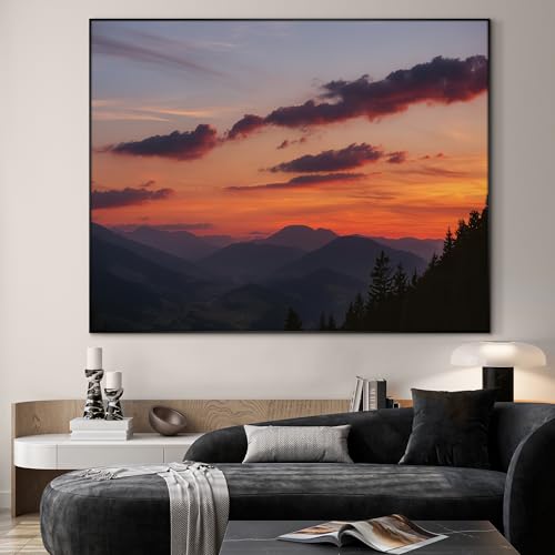 46"x60" Extra Large Framed Wall Art Scenic Sunset Over Mountain Range with Glowing Sky for Home Living Room Bedroom Decor