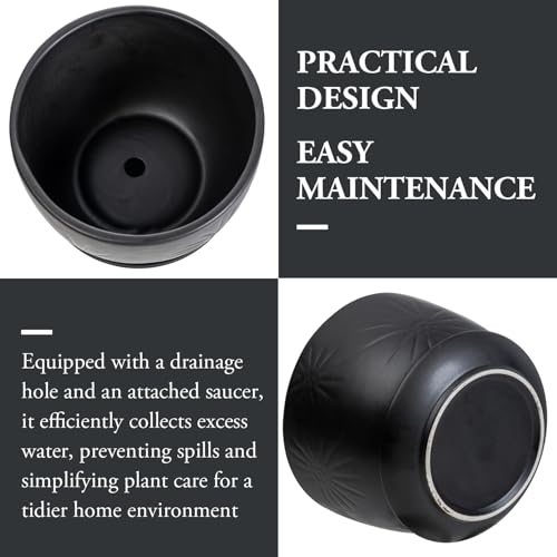 7 Inch Black Ceramic Sunburst Planter Pot with Attached Saucer