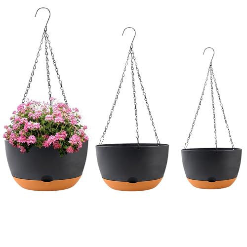 8/10/12 inch Plant Pot Hanging Planters, 3 Pack, Black (3 Count)