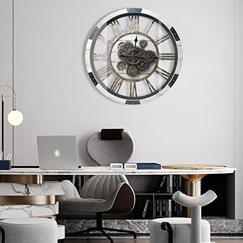 27" Large Real Moving Gears Wall Clock with Toughened Glass Cover Solid Wood Retro Metal Skeleton Oversized Vintage Steampunk Rustic Clock for Living Room Decor Home Farmhouse Kitchen